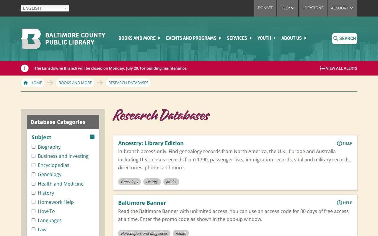 Pikesville people directories and genealogy databases available through BCPL