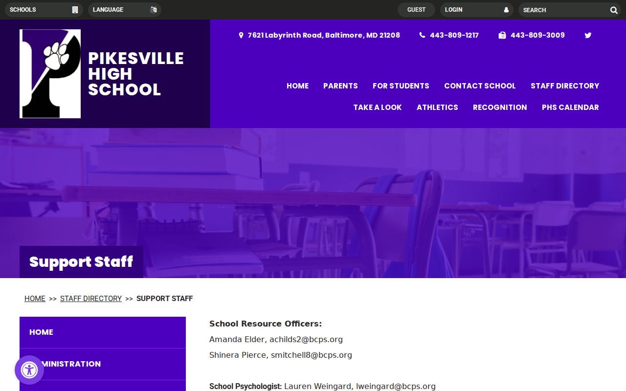 Pikesville people directories page for High School support staff