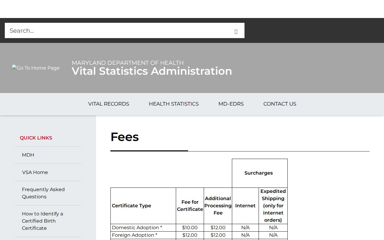 Pikesville public records fee page for Maryland vital certificates