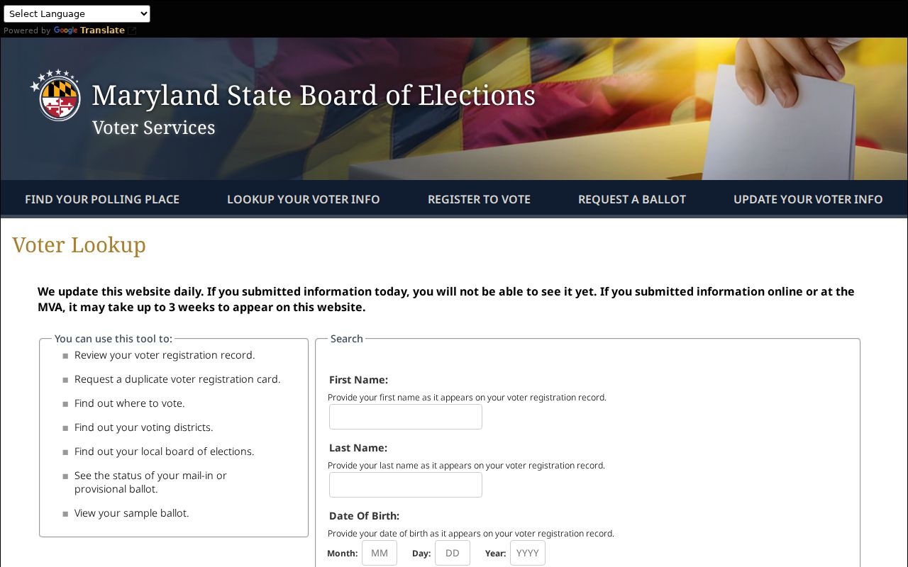 Pikesville voter registration lookup fields in Maryland Voter Lookup